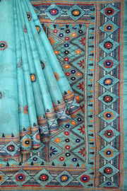 Lambani hand embroidery on a  chanderi  saree in sky blue