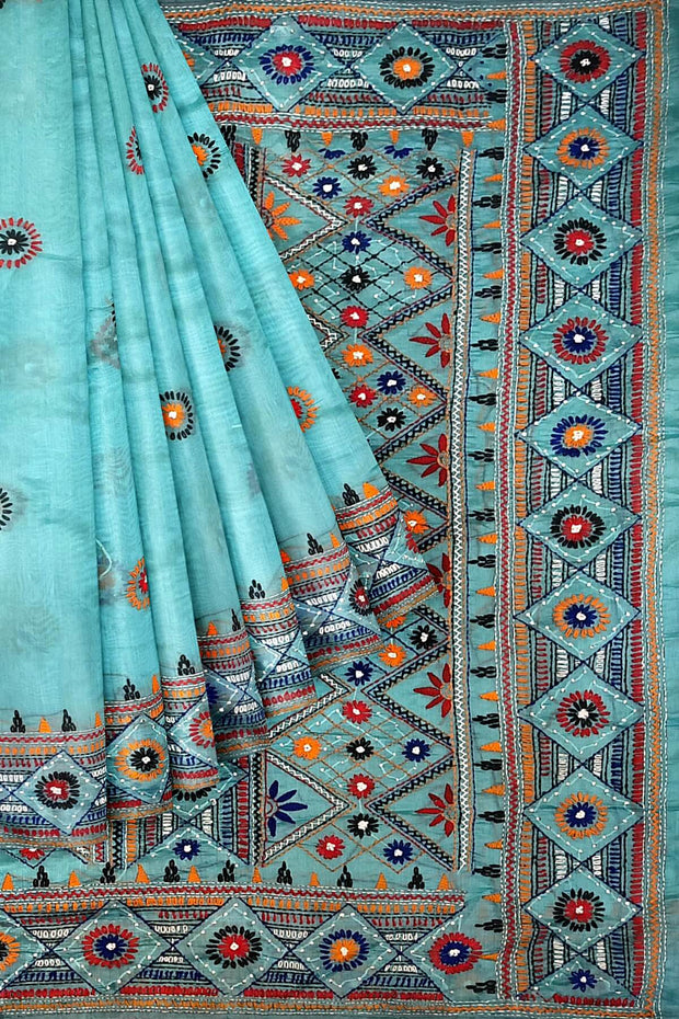 Lambani hand embroidery on a  chanderi  saree in sky blue