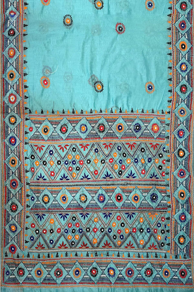 Lambani hand embroidery on a  chanderi  saree in sky blue