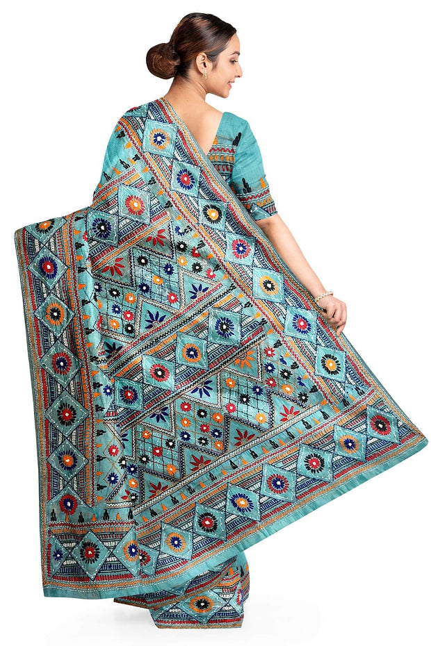 Lambani hand embroidery on a  chanderi  saree in sky blue