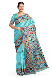 Lambani hand embroidery on a  chanderi  saree in sky blue