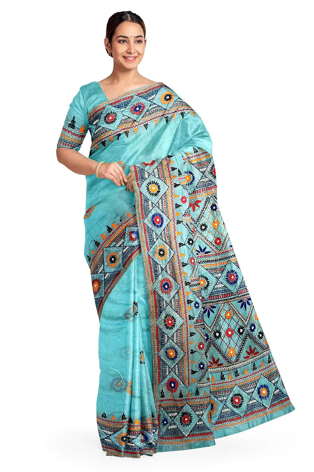 Lambani hand embroidery on a  chanderi  saree in sky blue