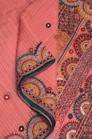 Lambani hand embroidery on a  chanderi saree in  peach