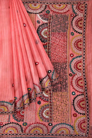 Lambani hand embroidery on a  chanderi saree in  peach