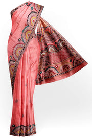 Lambani hand embroidery on a  chanderi saree in  peach