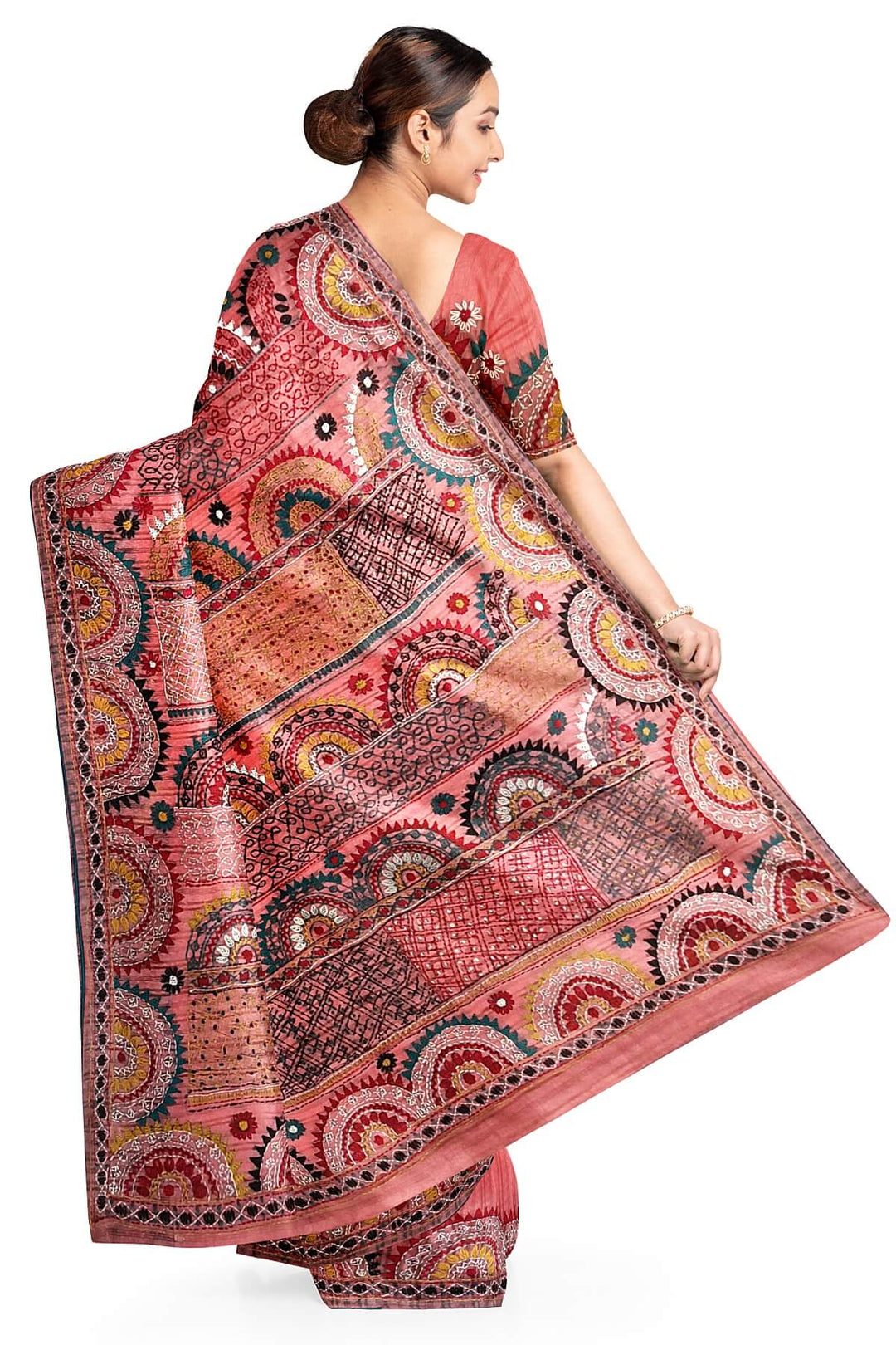 Lambani hand embroidery on a  chanderi saree in  peach