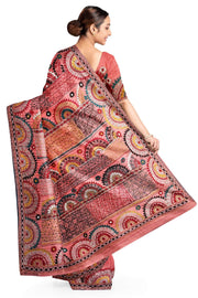 Lambani hand embroidery on a  chanderi saree in  peach