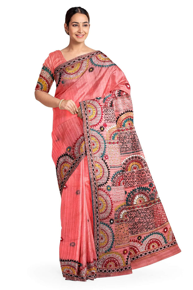 Lambani hand embroidery on a  chanderi saree in  peach