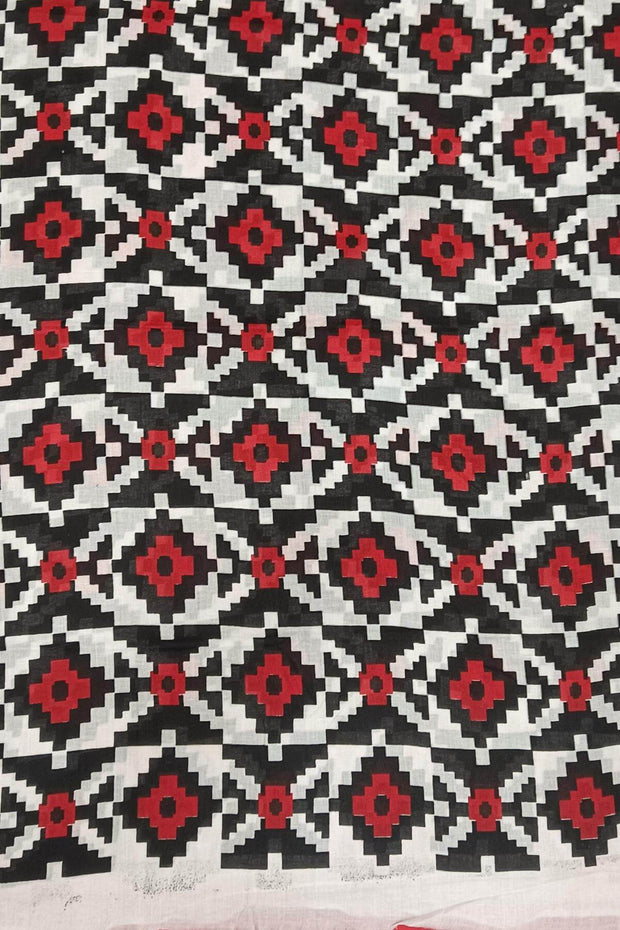 Jaipur mul cotton saree in black with elephant & bird motifs.