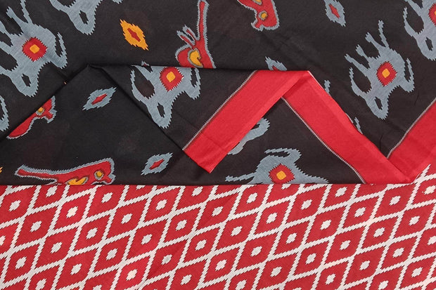 Jaipur mul cotton saree in black with elephant & bird motifs.