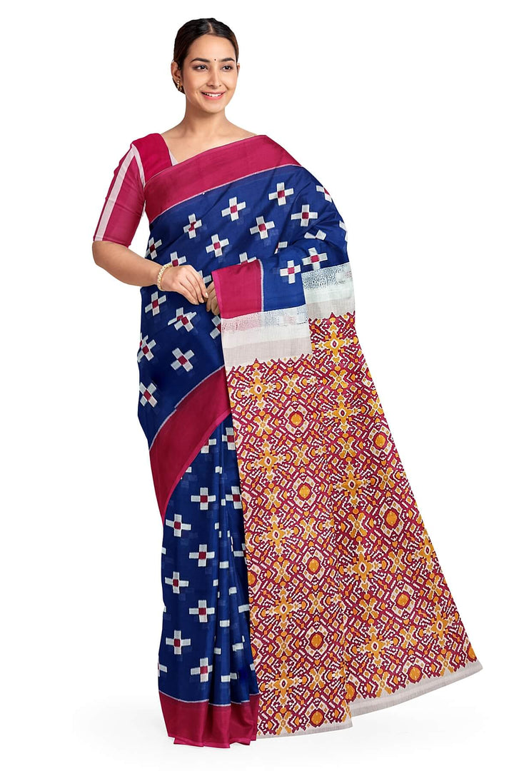 Jaipur mul cotton saree in blue in geometric pattern.