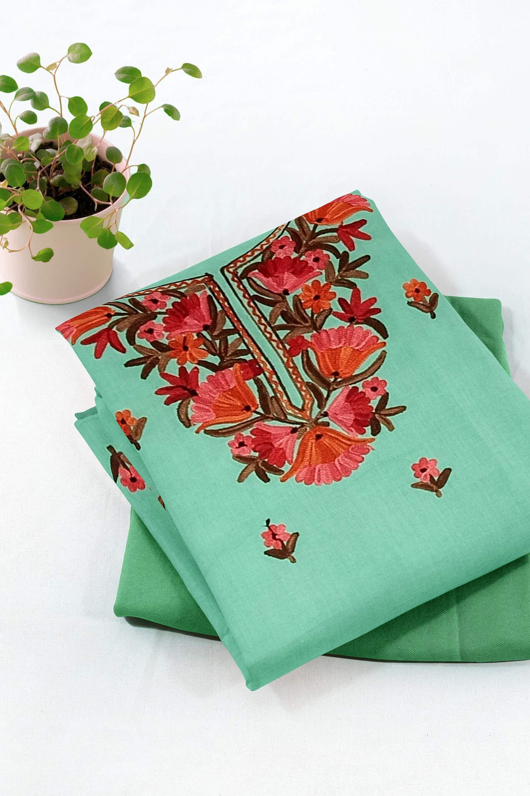 Cotton salwar suit material in 2piece  with Kashmiri hand embroidery.