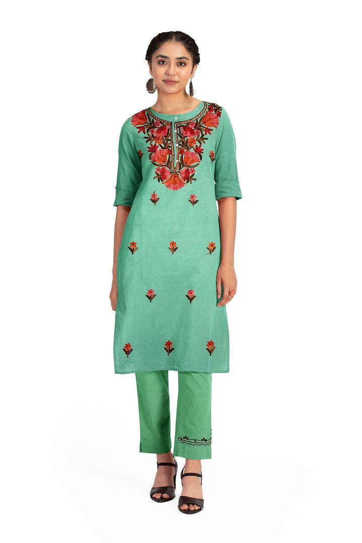 Cotton salwar suit material in 2piece  with Kashmiri hand embroidery.