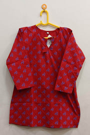 Pin tuck  pure cotton tunic in red with  leaf motifs