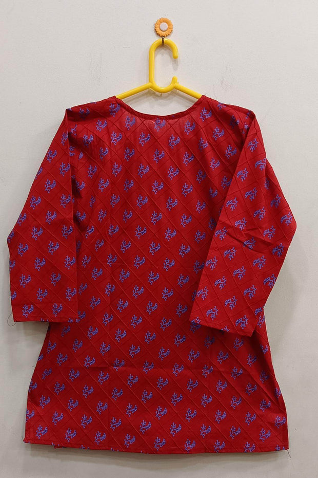 Pin tuck  pure cotton tunic in red with  leaf motifs