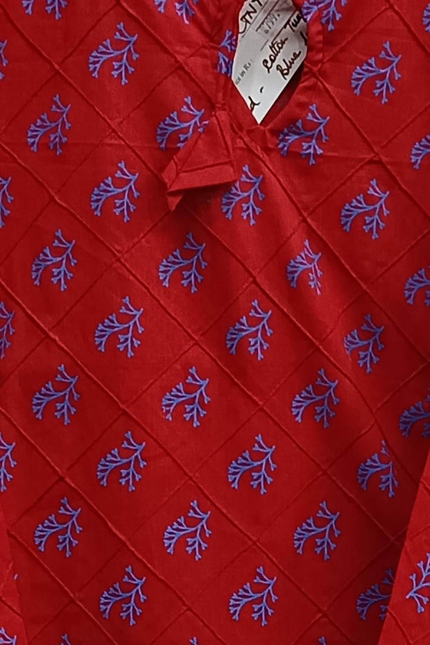 Pin tuck  pure cotton tunic in red with  leaf motifs