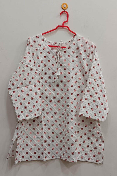 Pin tuck  pure cotton tunic in white with red floral motifs