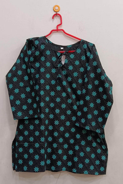 Pin tuck  pure cotton tunic in black  with green floral