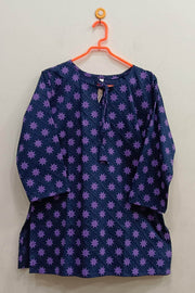 Pin tuck  pure cotton tunic in navy blue with floral motifs