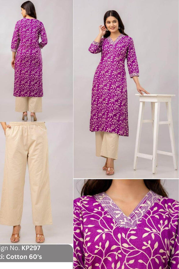 Cotton kurti  in straight cut in purple.