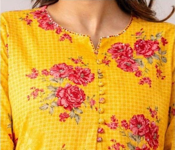 Cotton kurti  in straight cut in yellow.