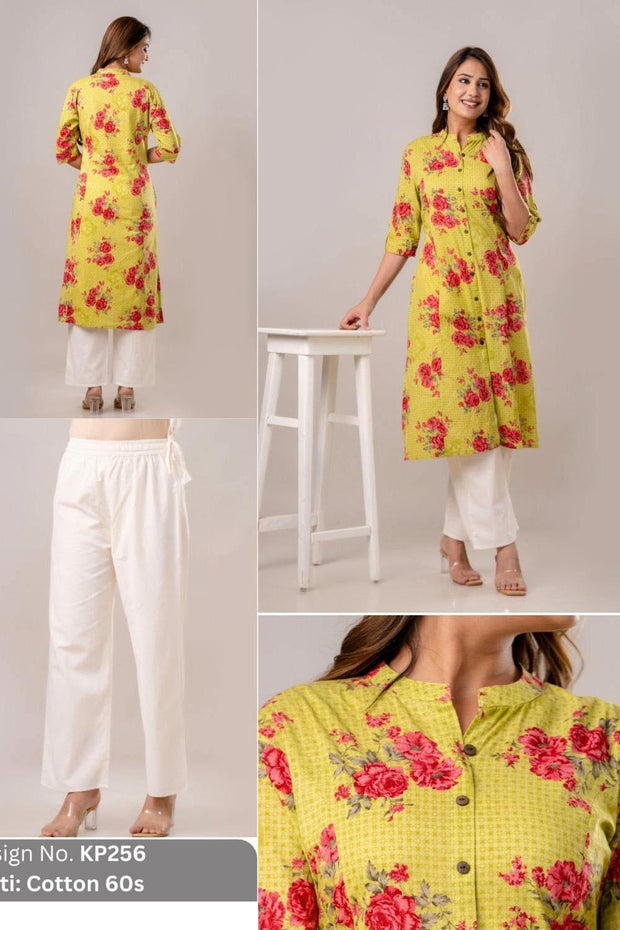 Cotton kurti  in straight cut in yellow.