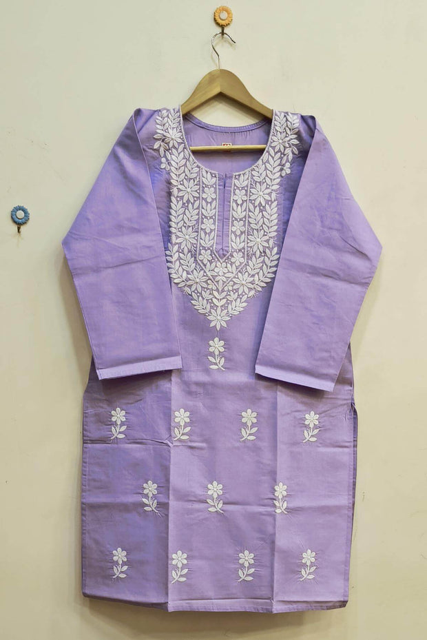 Cotton kurti with Lucknowi chikan work in lavender