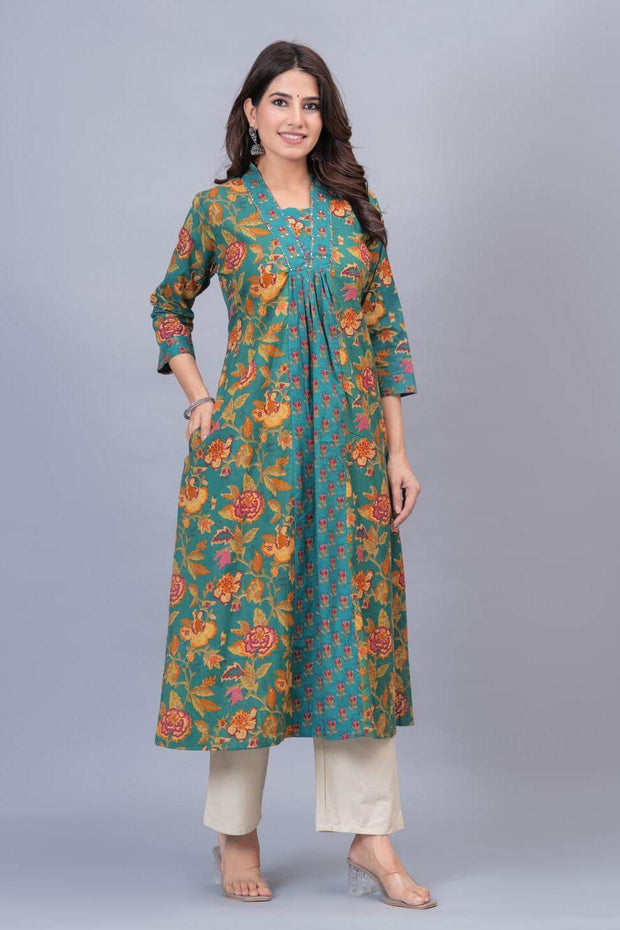 Cotton kurta in A line with frill in teal green