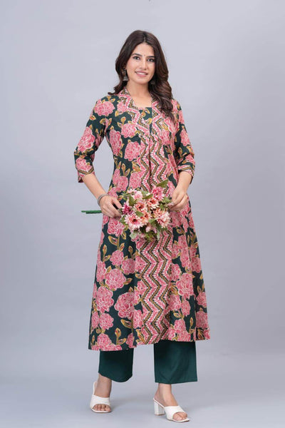 Cotton kurta in A line with frill in pink & bottle green