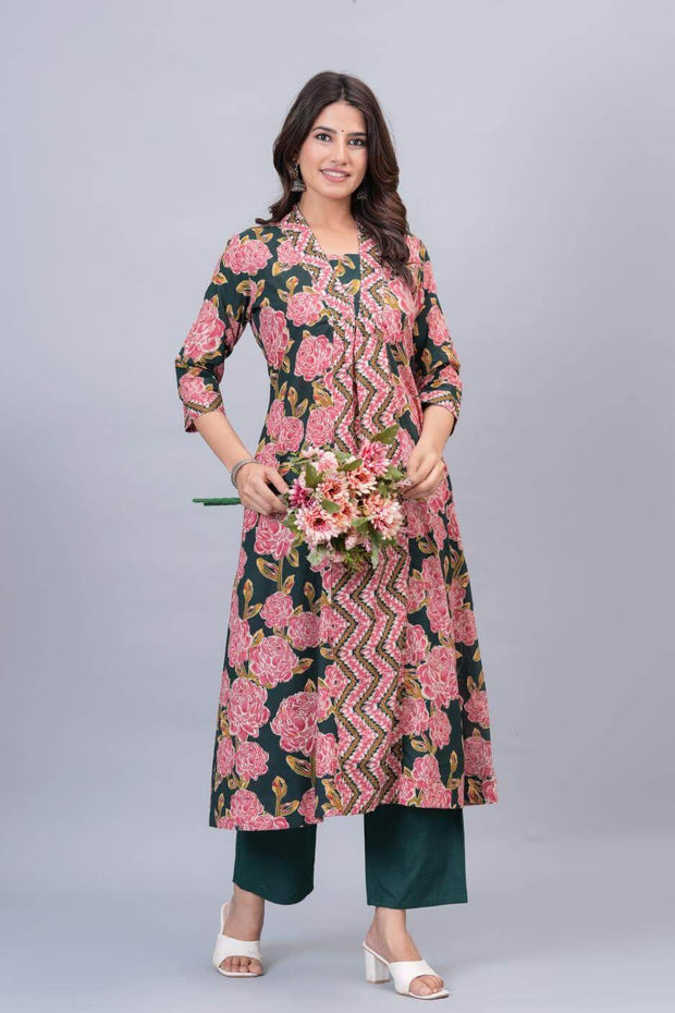 Cotton kurta in A line with frill in pink & bottle green