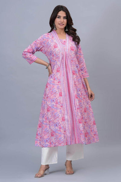 Cotton kurta in A line with frill in light pink & lavender