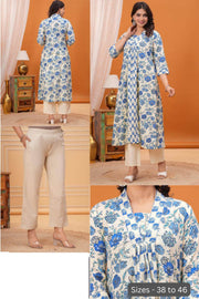 Cotton kurta in 'A' line in off white & blue