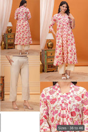 Cotton kurta in 'A' line in off white & pink