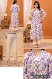 Cotton kurta in 'A' line in off white & violet
