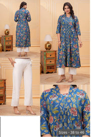 Cotton kurta in 'A' line in navy blue