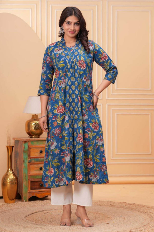 Cotton kurta in 'A' line in navy blue