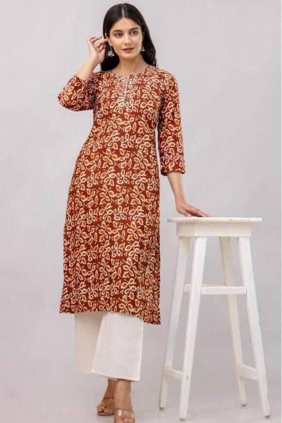 Cotton kurti  in straight cut in  brown