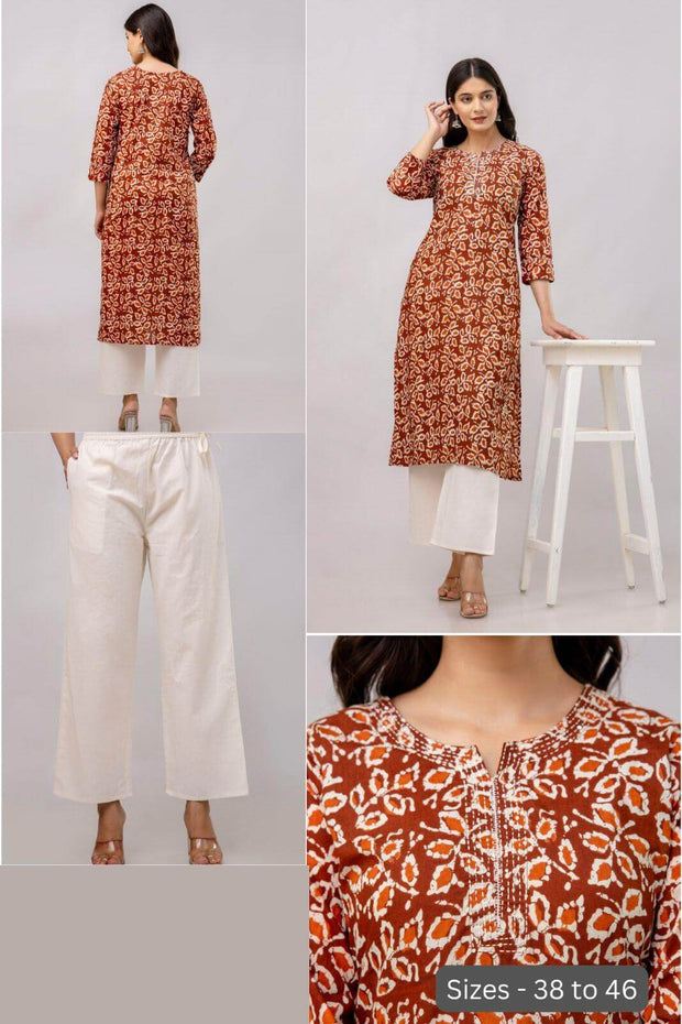 Cotton kurti  in straight cut in  brown
