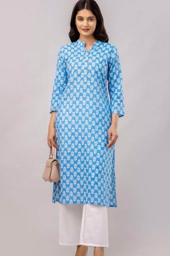 Cotton kurti  in straight cut in  sky blue