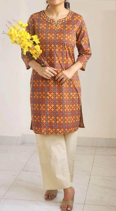 Cotton kurti  in straight cut in  brown & mustard