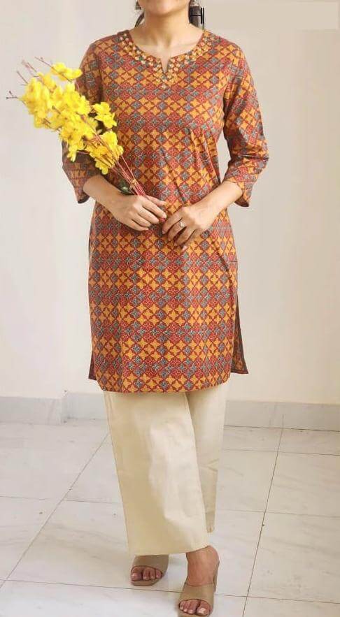 Cotton kurti  in straight cut in  brown & mustard