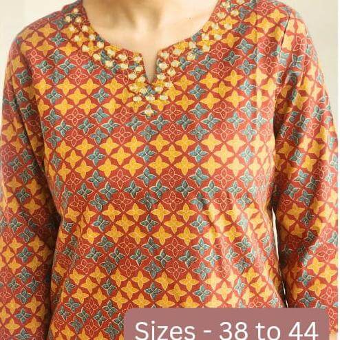 Cotton kurti  in straight cut in  brown & mustard