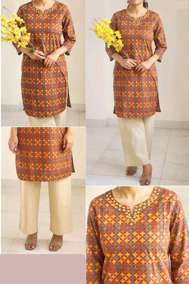 Cotton kurti  in straight cut in  brown & mustard