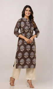 Cotton kurti  in straight cut in  clay grey