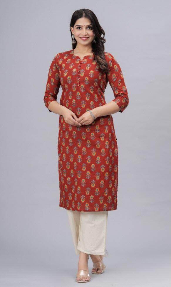 Cotton kurti  in straight cut in  maroon