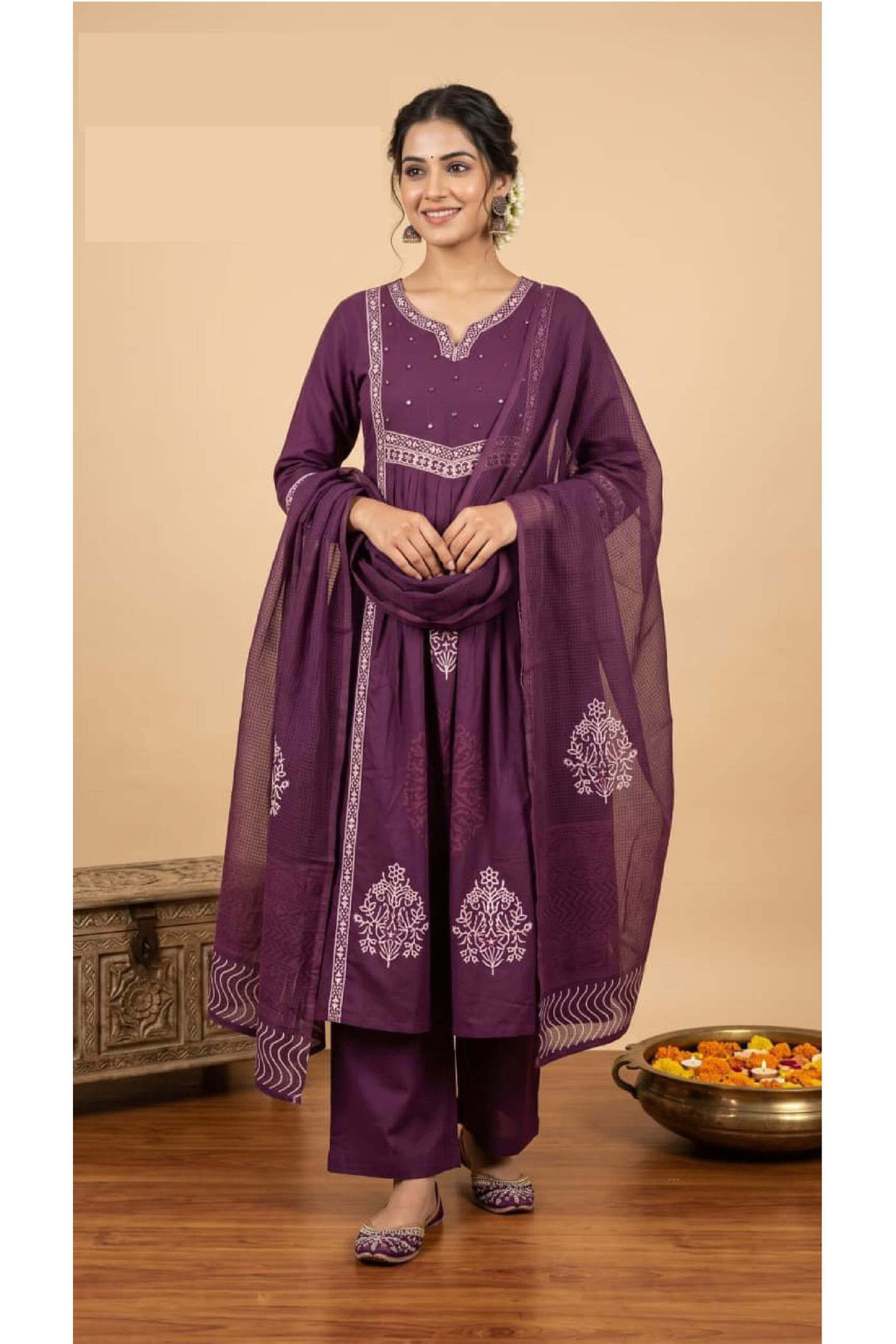 Hand block cotton 3 piece kurta set