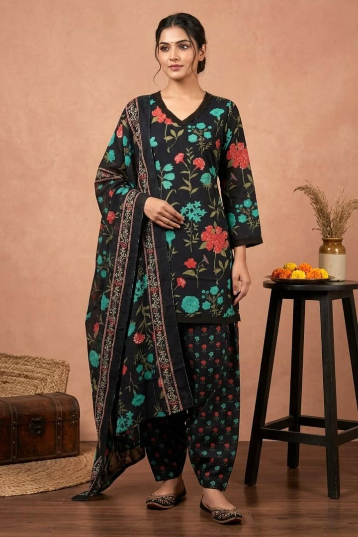 Printed cotton farshi 3piece set with lace detailing