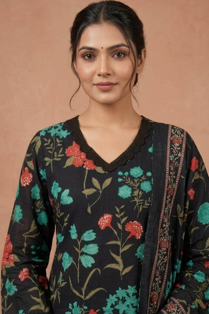 Printed cotton farshi 3piece set with lace detailing