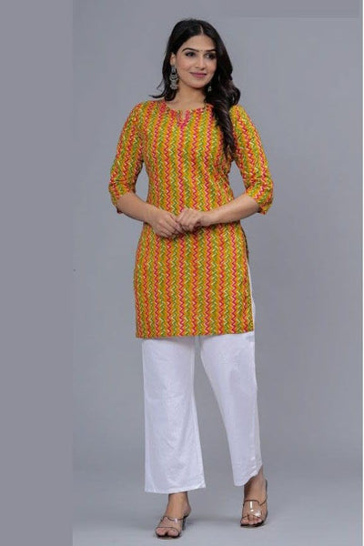 Cotton tunic in mustard with zig zag stripes and mirror work