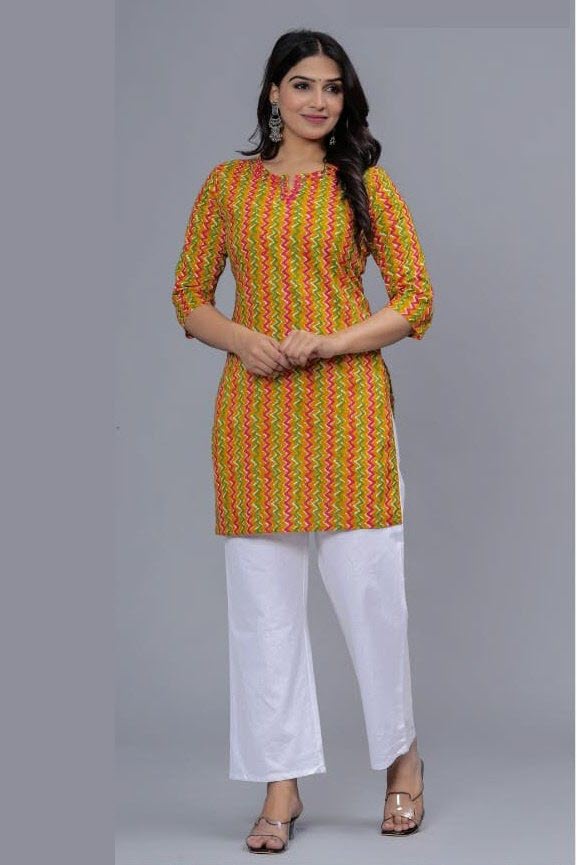 Cotton tunic in mustard with zig zag stripes and mirror work